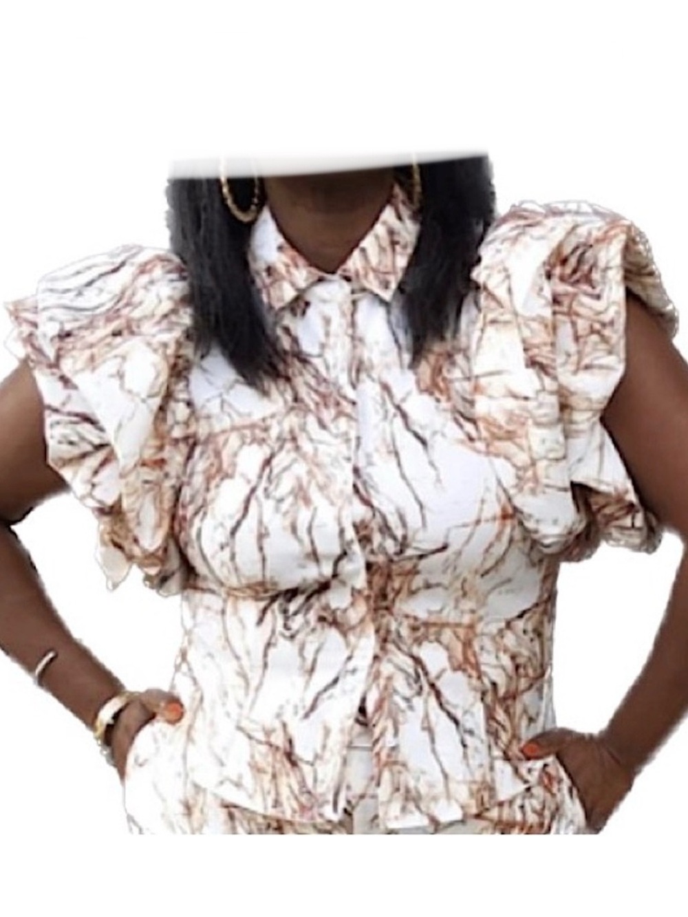 A.Peach Women’s Puff Sleeve Marble Button Down Shirt